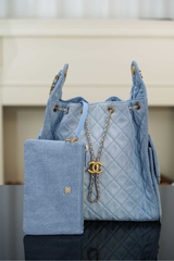 Chanel 25s Hobo Bag Drawstring Bucket Bag in Light Blue Denim, Large