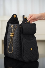 Chanel 25s Hobo Bag Drawstring Bucket Bag in Black Denim, Large
