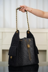 Chanel 25s Hobo Bag Drawstring Bucket Bag in Black Denim, Large