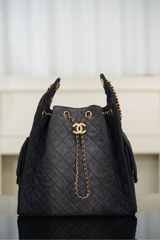 Chanel 25s Hobo Bag Drawstring Bucket Bag in Black Denim, Large