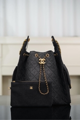 Chanel 25s Hobo Bag Drawstring Bucket Bag in Black Denim, Large