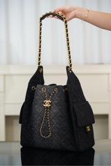 Chanel 25s Hobo Bag Drawstring Bucket Bag in Black Denim, Large
