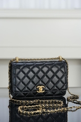 Chanel 25s Double Gold Bead Chain Black Gold