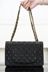 Classic Flap Bag - Genuine Leather Black Gold Small Size