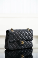 Classic Flap Bag - Genuine Leather Black Gold Small Size