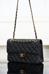 Classic Flap Bag - Genuine Leather Black Gold Small Size