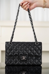 Chanel Classic Flap Bag Authentic Leather Black-Silver Small