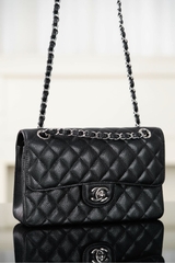 Chanel Classic Flap Bag Authentic Leather Black-Silver Small