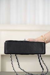 Chanel Classic Flap Bag Authentic Leather Black-Silver Small