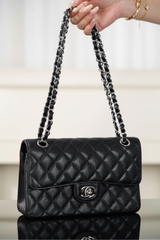 Chanel Classic Flap Bag Authentic Leather Black-Silver Small