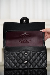 Chanel Classic Flap Bag Genuine Leather Black Silver Medium