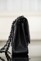 Chanel Classic Flap Bag Genuine Leather Black Silver Medium