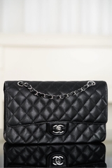 Chanel Classic Flap Bag Genuine Leather Black Silver Medium
