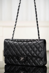 Chanel Classic Flap Bag Genuine Leather Black Silver Medium