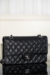 Chanel Classic Flap Bag Genuine Leather Black Silver Medium