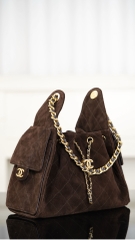 Chanel 25k Brown Suede Drawstring Bucket Bag