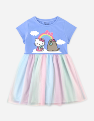 Váy bé gái phối lưới cầu vồng Hello Kitty & Mèo Pusheen