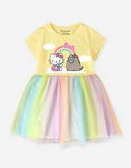 Váy bé gái phối lưới cầu vồng Hello Kitty & Mèo Pusheen