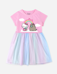 Váy bé gái phối lưới cầu vồng Hello Kitty & Mèo Pusheen