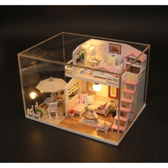 Mô hình nhà DIY Doll House Pink Loft Kèm Mica Chống bụi, Bộ dụng cụ và Keo dán