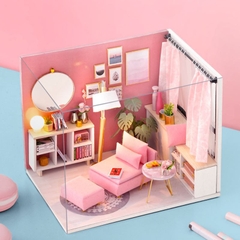 Mô hình nhà DIY Doll Happy Time Kèm Mica chống bụi, Bộ dụng cụ và Keo dán