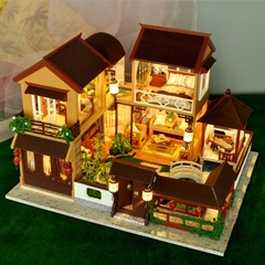Mô hình nhà DIY Doll House Lotus Pond Moonlight Kèm Mica Chống bụi, Bộ dụng cụ, Keo dán và Bộ phát nhạc