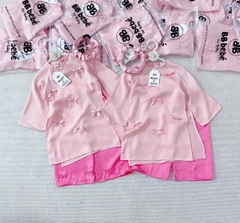 SET ÁO DÀI HỒNG ĐÍNH NƠ - ĐÍNH KÈM BỜM, SIÊU YÊU, SIÊU XINH CHO BÉ GÁI