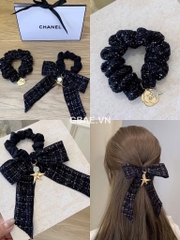 Set Cột Tóc Gift CHANEL Tweed Xanh Hoa Trà Kèm Túi Giấy Hãng