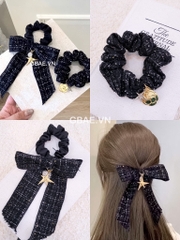 Set Cột Tóc Gift CHANEL Tweed Xanh Hoa Trà Kèm Túi Giấy Hãng