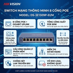 Switch Mạng Thông Minh 8 Cổng PoE Hikvision DS-3E1309P-EI/M + 1 Cổng Gigabit Uplink - Quản Lý Cloud, Chống Sét 6kV