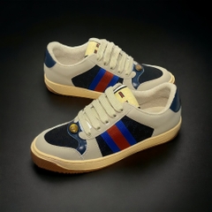 Giày Thể Thao Gu.cci Sơn Tùng Tím Xanh Screener Webbing-Trimmed Distressed Leather And Canvas Navy Sneakers,Giày Nam Nữ
