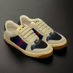 Giày Thể Thao Gu.cci Sơn Tùng Tím Xanh Screener Webbing-Trimmed Distressed Leather And Canvas Navy Sneakers,Giày Nam Nữ