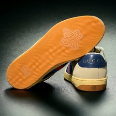 Giày Thể Thao Gu.cci Sơn Tùng Tím Xanh Screener Webbing-Trimmed Distressed Leather And Canvas Navy Sneakers,Giày Nam Nữ