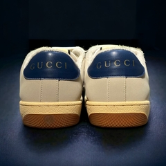 Giày Thể Thao Gu.cci Sơn Tùng Tím Xanh Screener Webbing-Trimmed Distressed Leather And Canvas Navy Sneakers,Giày Nam Nữ