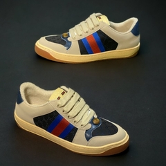 Giày Thể Thao Gu.cci Sơn Tùng Tím Xanh Screener Webbing-Trimmed Distressed Leather And Canvas Navy Sneakers,Giày Nam Nữ