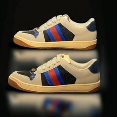 Giày Thể Thao Gu.cci Sơn Tùng Tím Xanh Screener Webbing-Trimmed Distressed Leather And Canvas Navy Sneakers,Giày Nam Nữ