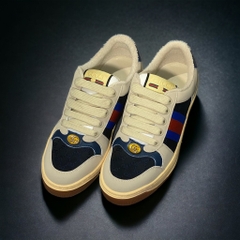 Giày Thể Thao Gu.cci Sơn Tùng Tím Xanh Screener Webbing-Trimmed Distressed Leather And Canvas Navy Sneakers,Giày Nam Nữ
