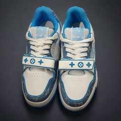 [ AIO LUXURY ] GIÀY LV TRAINER TRẮNG XANH QUAI DÁN BLUE WHITE LAI AU NAM NỮ CAO CẤP,Full Phụ Kiện Bản Cao Cấp Nhất