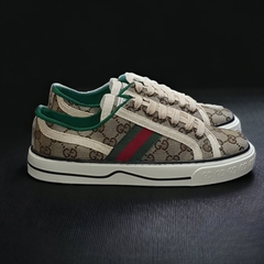 Giày thể thao Gu.cci Tennis nâu 1977, Giày thể thao GC 3 sọc GG-Canvas And Leather Trainers Green,Nâu Canvas Lai Au