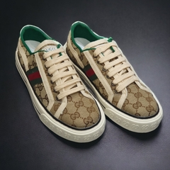 Giày thể thao Gu.cci Tennis nâu 1977, Giày thể thao GC 3 sọc GG-Canvas And Leather Trainers Green,Nâu Canvas Lai Au