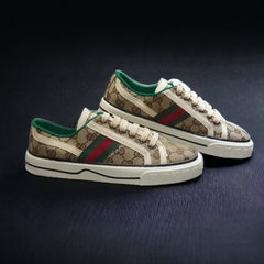 Giày thể thao Gu.cci Tennis nâu 1977, Giày thể thao GC 3 sọc GG-Canvas And Leather Trainers Green,Nâu Canvas Lai Au