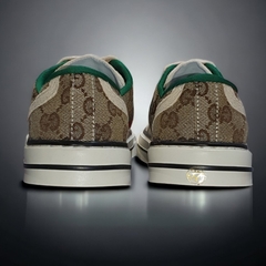 Giày thể thao Gu.cci Tennis nâu 1977, Giày thể thao GC 3 sọc GG-Canvas And Leather Trainers Green,Nâu Canvas Lai Au