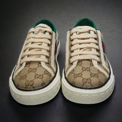 Giày thể thao Gu.cci Tennis nâu 1977, Giày thể thao GC 3 sọc GG-Canvas And Leather Trainers Green,Nâu Canvas Lai Au