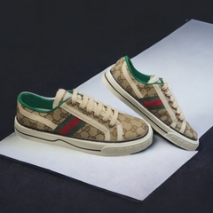 Giày thể thao Gu.cci Tennis nâu 1977, Giày thể thao GC 3 sọc GG-Canvas And Leather Trainers Green,Nâu Canvas Lai Au