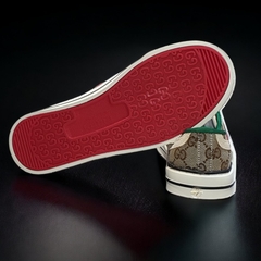 Giày thể thao Gu.cci Tennis nâu 1977, Giày thể thao GC 3 sọc GG-Canvas And Leather Trainers Green,Nâu Canvas Lai Au