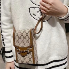 Túi đeo chéo da nam nữ mini bag GG nâu hoạ tiết chữ chéo monogram móc xích khoá nam châm,Túi phone Mini Nam Nữ Phố