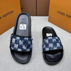 Dép LV Xanh navy bò rách Thiết Kế Quai Dán Điều Chỉnh To/Nhỏ , dép lv quai dán đế độn cao cấp ( Hàng Full Box Bill )