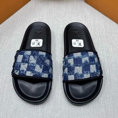 Dép LV Xanh navy bò rách Thiết Kế Quai Dán Điều Chỉnh To/Nhỏ , dép lv quai dán đế độn cao cấp ( Hàng Full Box Bill )