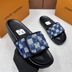 Dép LV Xanh navy bò rách Thiết Kế Quai Dán Điều Chỉnh To/Nhỏ , dép lv quai dán đế độn cao cấp ( Hàng Full Box Bill )