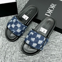Dép LV Xanh navy bò rách Thiết Kế Quai Dán Điều Chỉnh To/Nhỏ , dép lv quai dán đế độn cao cấp ( Hàng Full Box Bill )